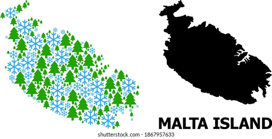 Mapa de mosaicos vectoriales de la isla de Malta diseñado para Año Nuevo, Navidad e invierno. El mapa mosaico de la isla de Malta está hecho con copos de nieve y abetos.