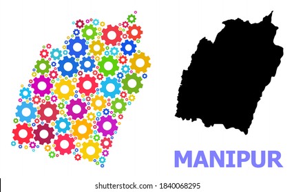 Vector mosaic map of Manipur State created for engineering. Mosaic map of Manipur State is organized with scattered colored gear wheels. Engineering components in bright colors.