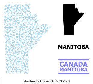 Mapa de mosaicos vectoriales de la provincia de Manitoba organizado para Año Nuevo, celebración de Navidad e invierno. El mapa mosaico de la provincia de Manitoba está hecho con elementos de nieve azul claro.