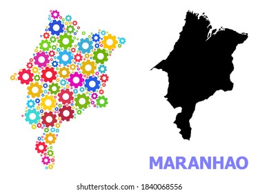 Vector mosaic map of Maranhao State combined for mechanics. Mosaic map of Maranhao State is composed from scattered bright gear wheels. Engineering items in bright colors.
