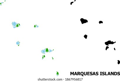 Vector mosaic map of Marquesas Islands designed for New Year, Christmas, and winter. Mosaic map of Marquesas Islands is formed from snow flakes and fir-trees.