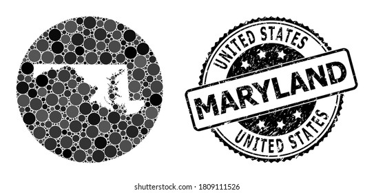 Mapa de mosaicos vectoriales del estado de Maryland con puntos esféricos y sello de marca de agua gris. Mapa circular de esténcil del collage del estado de Maryland formado con círculos de varios tamaños y tintes de color gris oscuro.