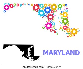 Vector mosaic map of Maryland State constructed for engineering. Mosaic map of Maryland State is formed with randomized colorful gear wheels. Engineering items in bright colors.