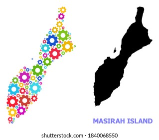 Vector mosaic map of Masirah Island constructed for workshops. Mosaic map of Masirah Island is constructed from randomized multi-colored cogs. Engineering components in bright colors.