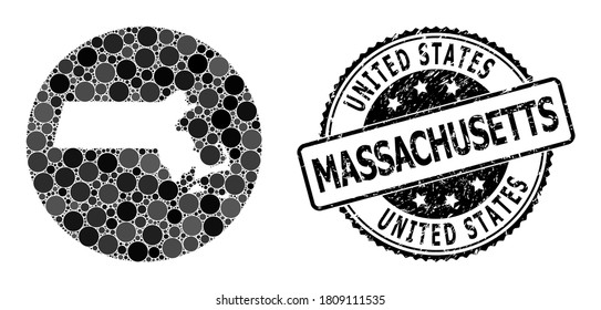 Mapa de mosaicos vectoriales del estado de Massachusetts de elementos redondos, y sello arañado gris. Mapa redondo de hoyo del collage del estado de Massachusetts creado con círculos de diferentes tamaños y tonos grises oscuros.