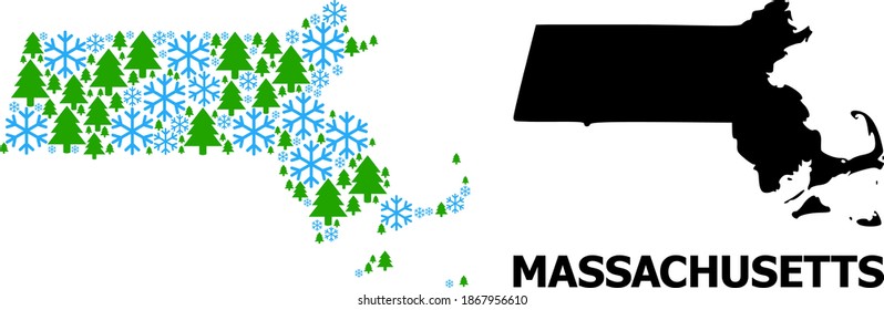Mapa de mosaicos vectoriales del estado de Massachusetts para Año Nuevo, Navidad e invierno. El mapa mosaico del estado de Massachusetts está organizado a partir de copos de nieve y abetos.
