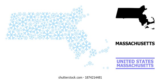 Mapa de mosaicos vectoriales del estado de Massachusetts para Año Nuevo, celebración de Navidad e invierno. El mapa mosaico del estado de Massachusetts está construido con elementos de nieve azul claro.