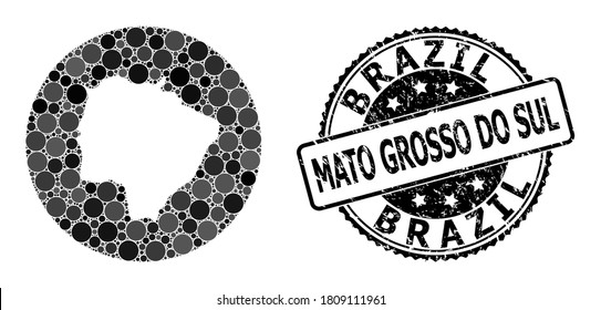 Mapa de mosaico vectorial del estado de Mato Grosso do Sul con manchas esféricas y sello de la marca de agua gris. Mapa circular esténcil del collage del estado de Mato Grosso do Sul diseñado con círculos de varios tamaños,