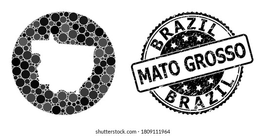 Vektor-Mosaik-Karte von Mato Grosso Staat aus runden Punkten, und graue Wasserzeichen-Stempel. Rundkarte des Mato Grosso State mit Kreisen in verschiedenen Größen und dunkelgrauen Farbtönen.