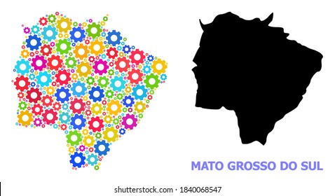 Mapa de mosaico vectorial del estado de Mato Grosso do Sul construido para ingeniería. Mapa mosaico del estado de Mato Grosso do Sul es creado de cogs dispersos multicolores. Componentes de ingeniería en colores brillantes.