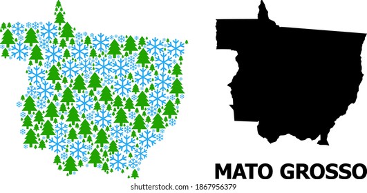 Mapa de mosaico vectorial del estado de Mato Grosso construido para Año Nuevo, Navidad e invierno. El mapa mosaico del estado de Mato Grosso está hecho de copos de nieve y bosques de abetos.