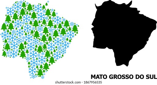 Mapa de mosaico vectorial del estado de Mato Grosso do Sul diseñado para Año Nuevo, Navidad e invierno. El mapa mosaico del estado de Mato Grosso do Sul tiene forma de copos de nieve y abetos.