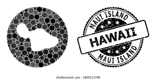 Vector mosaic map of Maui Island of round items, and grey watermark seal. Subtraction round map of Maui Island collage formed with circles in different sizes, and dark grey color tones.