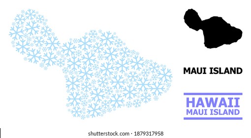Mapa vectorial de mosaico de la isla Maui hecho para Año Nuevo, celebración de Navidad e invierno. El mapa mosaico de la isla de Maui está organizado con íconos de nieve azul claro.