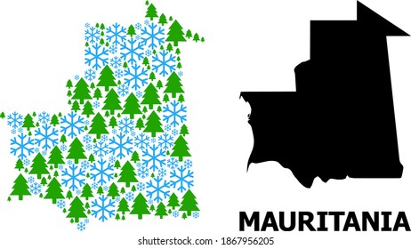 Vektormosaikkarte Mauretaniens, organisiert für Neujahr, Weihnachten und Winter. Die mauretanische Landkarte besteht aus Schneeflocken und Tannenwald.