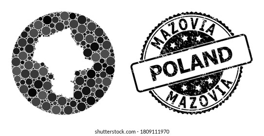 Mapa de mosaicos vectoriales de la provincia de Mazovia con objetos esféricos, y sello arañado gris. Mapa circular de esténcil del collage de la provincia de Mazovia compuesto por círculos de varios tamaños y tintes de color gris oscuro.