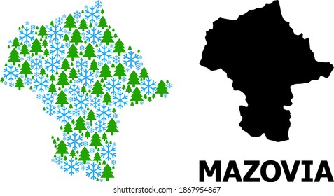 Vector mosaic map of Mazovia Province organized for New Year, Christmas, and winter. Mosaic map of Mazovia Province is organized of snowflakes and fir-trees.