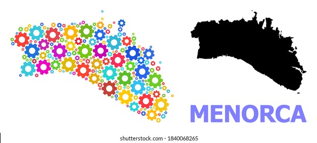 Vector mosaic map of Menorca Island designed for workshops. Mosaic map of Menorca Island is designed from random bright wheels. Engineering items in bright colors.
