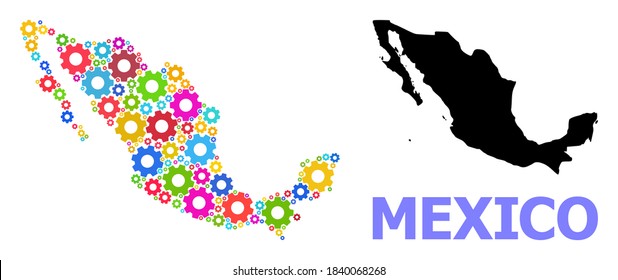 Mapa de mosaicos vectoriales de México construido para ingeniería. El mapa mosaico de México se crea a partir de ruedas de engranajes brillantes al azar. Artículos de ingeniería de colores vivos.