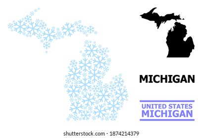 Vektormosaikkarte des Bundesstaates Michigan für Neujahr, Weihnachtsfeiern und Winter. Die Mosaikkarte des Bundesstaates Michigan wurde aus hellblauen Schneegegenständen entworfen.