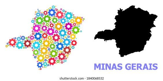 Vector mosaic map of Minas Gerais State combined for engineering. Mosaic map of Minas Gerais State is done from scattered bright gear wheels. Engineering items in bright colors.