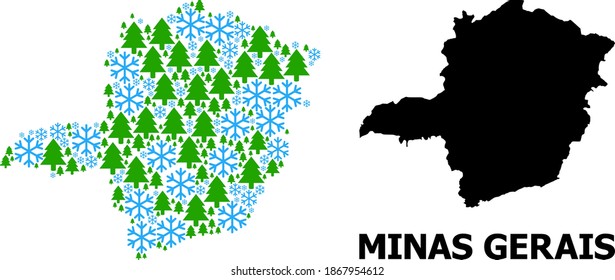 Vector mosaic map of Minas Gerais State done for New Year, Christmas, and winter. Mosaic map of Minas Gerais State is done from snow and fir trees.