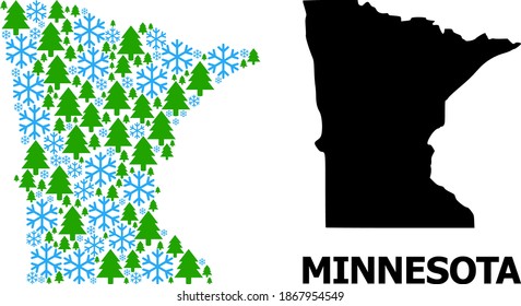 Mapa de mosaicos vectoriales del estado de Minnesota creado para Año Nuevo, Navidad e invierno. Mapa mosaico del estado de Minnesota creado de copos de nieve y bosques de abetos.