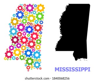 Vector mosaic map of Mississippi State designed for engineering. Mosaic map of Mississippi State is organized from randomized colorful gears. Engineering items in bright colors.