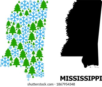 Mapa vectorial del estado de Misisipi construido para Año Nuevo, Navidad e invierno. El mapa mosaico del estado de Misisipi está construido a partir de copos de nieve y abetos.