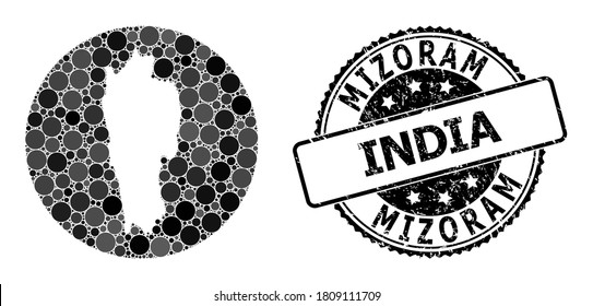 Vector mosaic map of Mizoram State with round spots, and gray scratched stamp. Subtraction round map of Mizoram State collage designed with circles in various sizes, and dark gray color tinges.