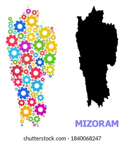 Vector mosaic map of Mizoram State created for engineering. Mosaic map of Mizoram State is shaped from randomized bright wheels. Engineering items in bright colors.