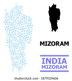 Vector mosaic map of Mizoram State organized for New Year, Christmas celebration, and winter. Mosaic map of Mizoram State is constructed from light blue snowflakes.