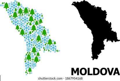 Vector mosaic map of Moldova done for New Year, Christmas, and winter. Mosaic map of Moldova is done of snowflakes and fir trees. Winter related items are grouped into abstract mosaic map of Moldova.