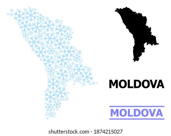 Vector mosaic map of Moldova done for New Year, Christmas celebration, and winter. Mosaic map of Moldova is created of light blue snow elements.