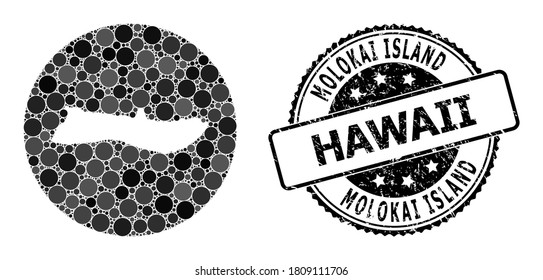 Vector mosaic map of Molokai Island with circle spots, and grey watermark seal stamp. Subtraction circle map of Molokai Island collage composed with circles in variable sizes,