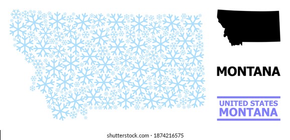 Mapa vectorial del estado de Montana combinado para Año Nuevo, Navidad y invierno. El mapa mosaico del estado de Montana se organiza a partir de cristales de hielo azul claro.