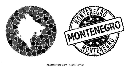 Vektor-Mosaik-Karte von Montenegro aus Kreisblöcken und graue gekratzte Robbenmarke. Die Karte der montenegrinischen Kollage mit Kreise in unterschiedlichen Größen und dunkelgrauen Farbtönen.