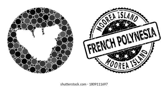 Vector mosaic map of Moorea Island with round spots, and grey grunge seal. Hole round map of Moorea Island collage formed with circles in various sizes, and dark grey color tones.
