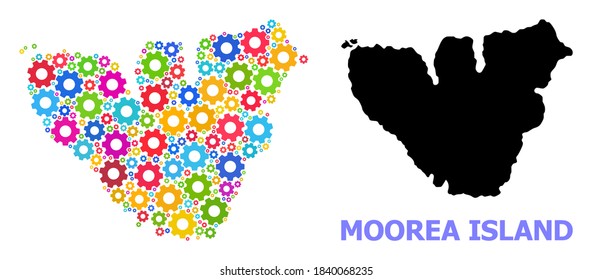 Vector mosaic map of Moorea Island designed for industrial apps. Mosaic map of Moorea Island is constructed with randomized bright gears. Engineering items in bright colors.