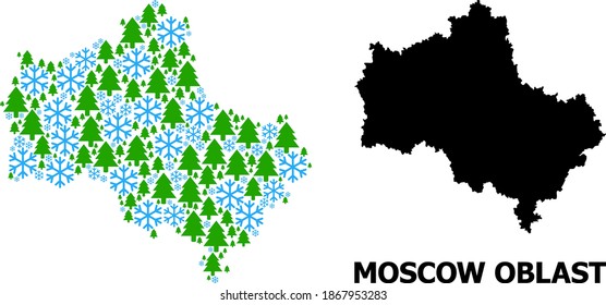 Vector mosaic map of Moscow Region designed for New Year, Christmas, and winter. Mosaic map of Moscow Region is designed of snow flakes and fir-trees.