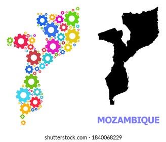 Vector mosaic map of Mozambique constructed for workshops. Mosaic map of Mozambique is shaped with randomized bright gears. Engineering items in bright colors.