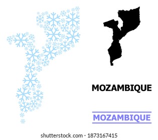 Vector mosaic map of Mozambique designed for New Year, Christmas celebration, and winter. Mosaic map of Mozambique is designed of light blue snow items.