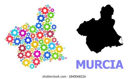 Vector mosaic map of Murcia Province created for engineering. Mosaic map of Murcia Province is organized of randomized colorful wheels. Engineering components in bright colors.