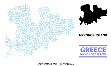 Mapa vectorial de mosaico de la isla de Mykonos creado para Año Nuevo, celebración de Navidad e invierno. Mapa mosaico de la isla de Mykonos creado de elementos de nieve azul claro.