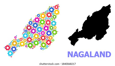 Vektor-Mosaik-Karte des Staates Nagaland für Ingenieurwesen getan. Die Mosaikkarte des Staates Nagaland ist aus zufälligen bunten Zahnräder entworfen. Ingenieurskomponenten in hellen Farben.