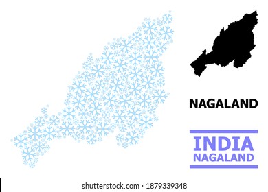 Vector mosaic map of Nagaland State created for New Year, Christmas celebration, and winter. Mosaic map of Nagaland State is created with light blue snow parts.