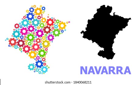 Vector mosaic map of Navarra Province combined for services. Mosaic map of Navarra Province is shaped with randomized bright cogs. Engineering components in bright colors.