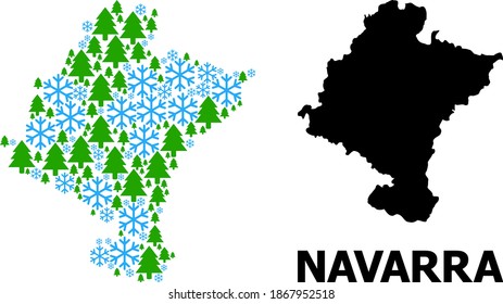 Mapa vectorial de mosaico de la provincia de Navarra construido para Año Nuevo, Navidad e invierno. El mapa mosaico de la provincia de Navarra está hecho de nieve y bosque de abetos.
