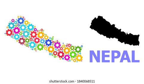 Vector mosaic map of Nepal created for engineering. Mosaic map of Nepal is formed from scattered bright wheels. Engineering components in bright colors.