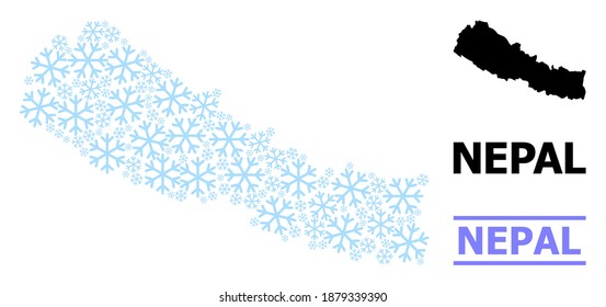 Vector mosaic map of Nepal organized for New Year, Christmas celebration, and winter. Mosaic map of Nepal is shaped from light blue snow elements.